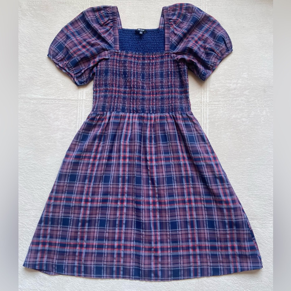 MADEWELL Lucie Puff-Sleeved, Smocked, Mini Dress in Rockfern Plaid, Size XXS EUC